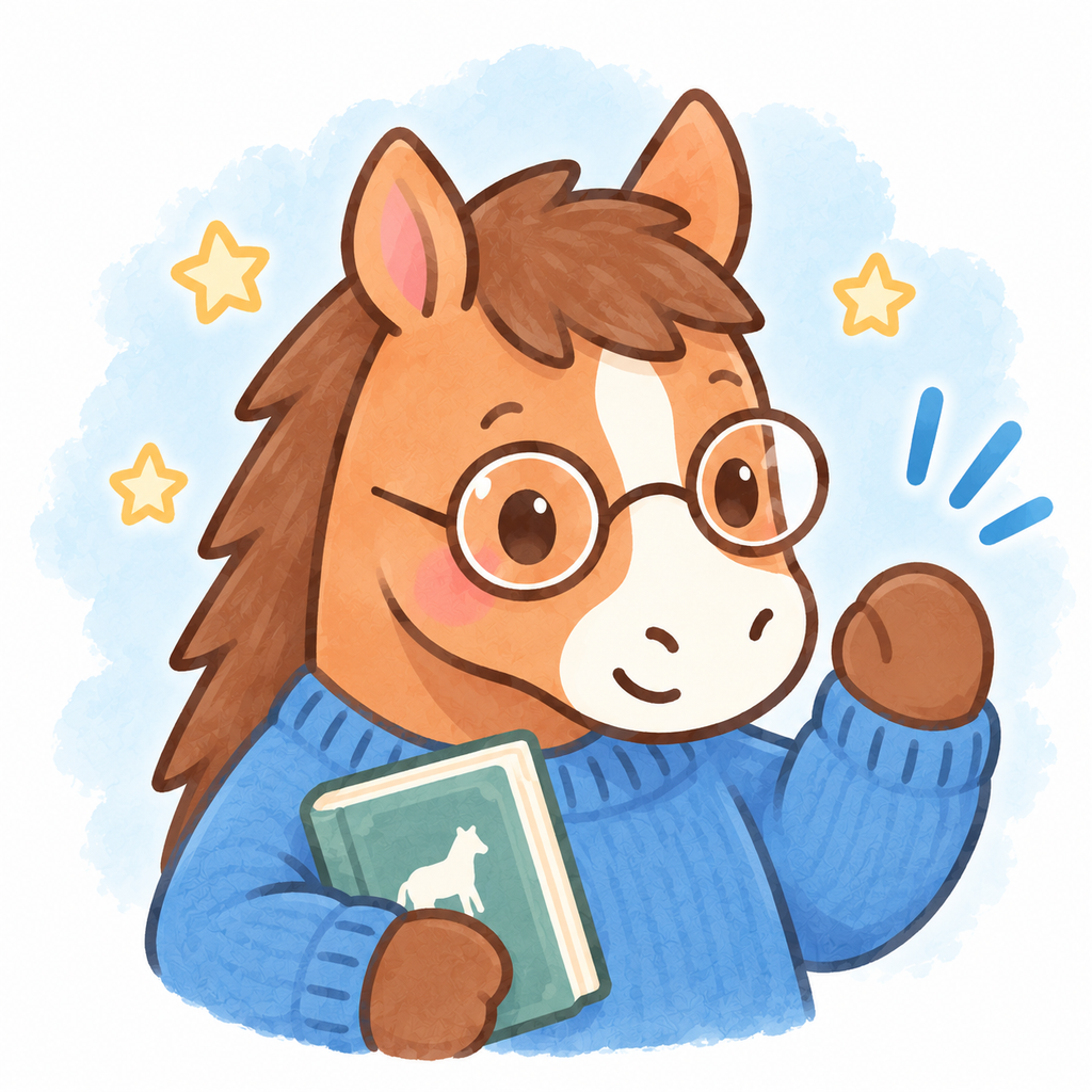 ウマ子｜丸いメガネと青いニットが特徴の馬のキャラクター